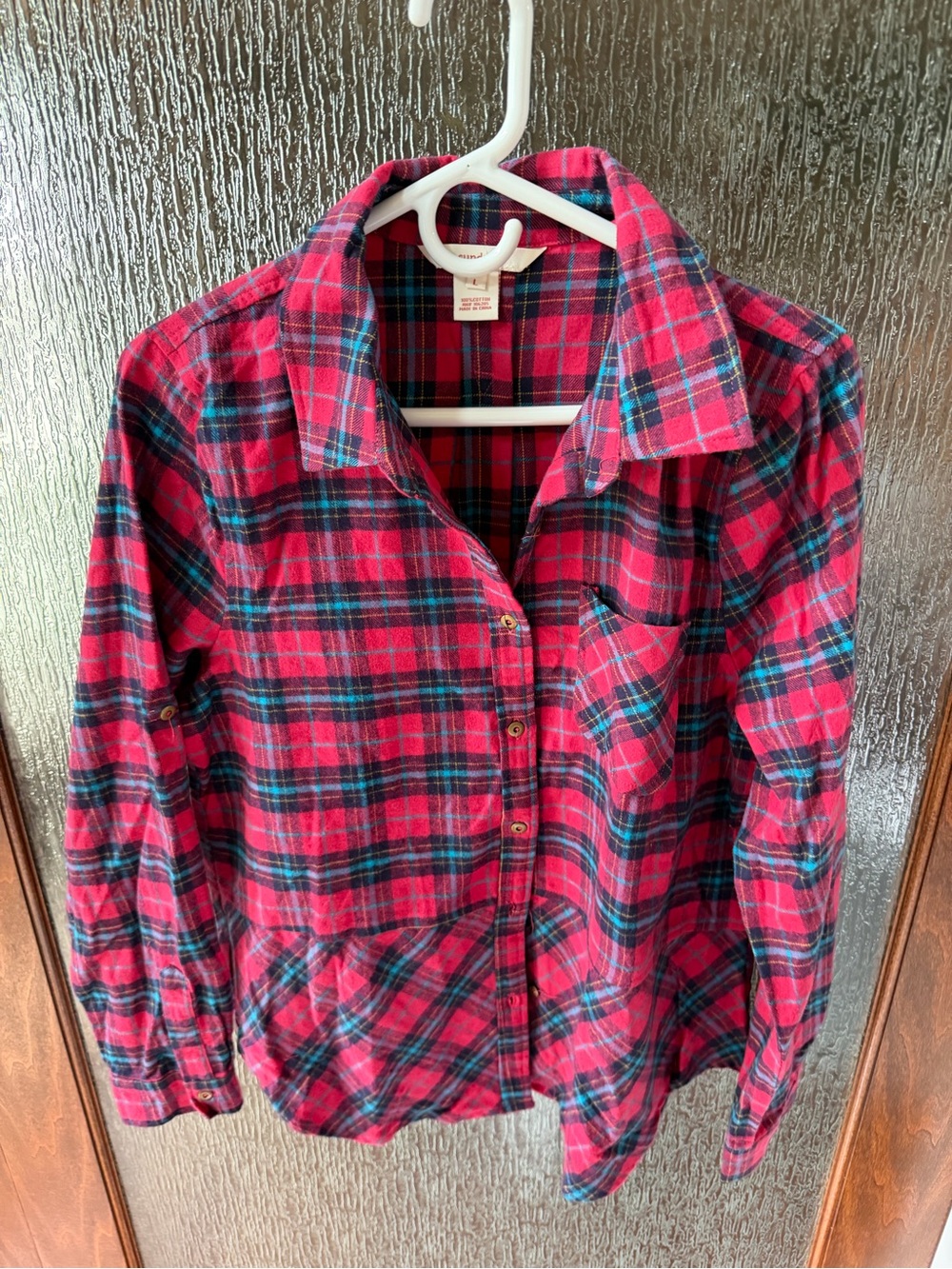 ❤️ Sundance Red & Teal Plaid Flannel Button-Up Shirt Size L